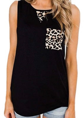 Black Sleeveless Top with Leopard Pocket