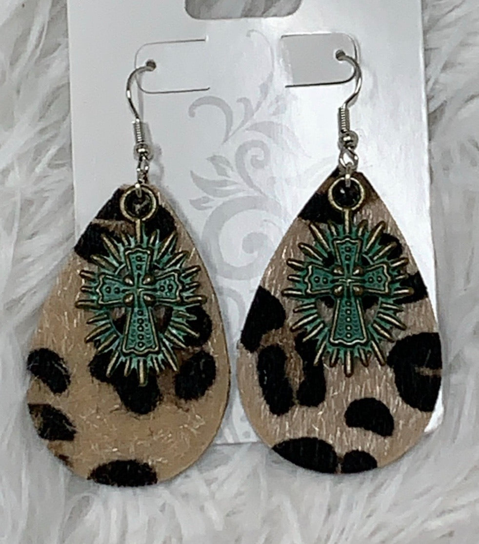 Leopard Textured Teardrop Earrings with Aztec Cross