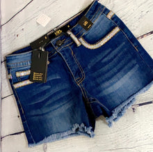 Load image into Gallery viewer, L&amp;B Mid Wash Denim Shorts w/ Silver Sequins
