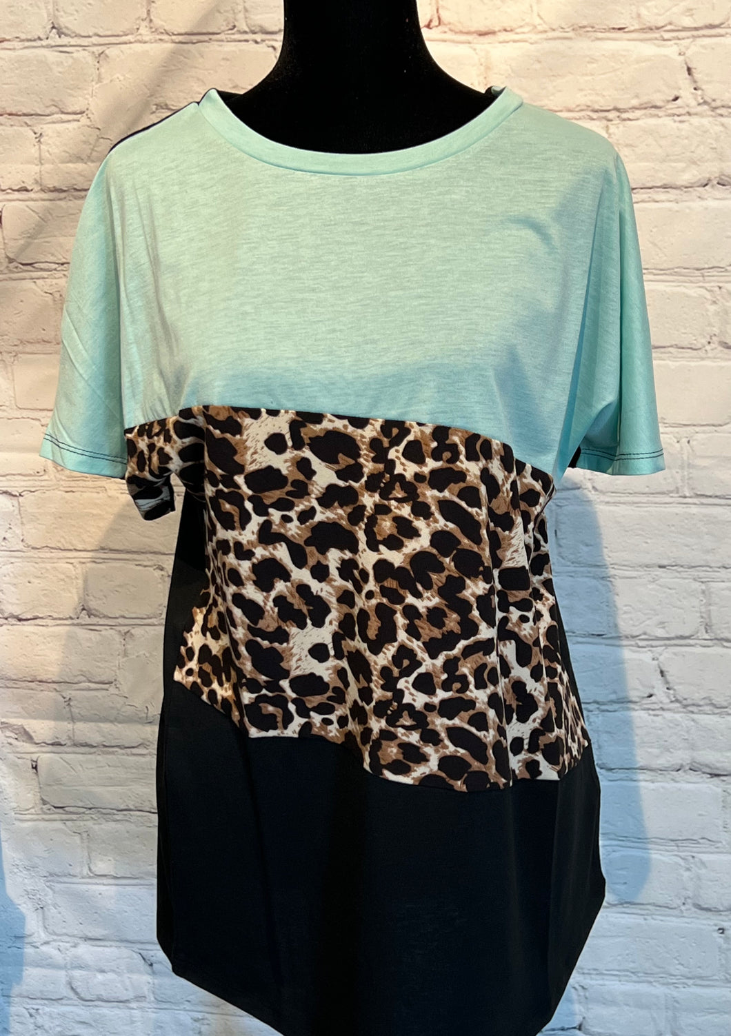 Color Block Leopard Top with Mint Green