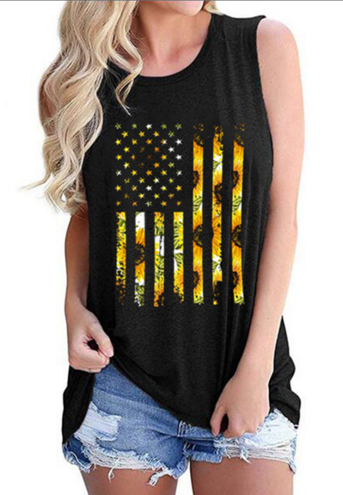 Black Sleeveless Top W/ American Flag Sunflower Graphics