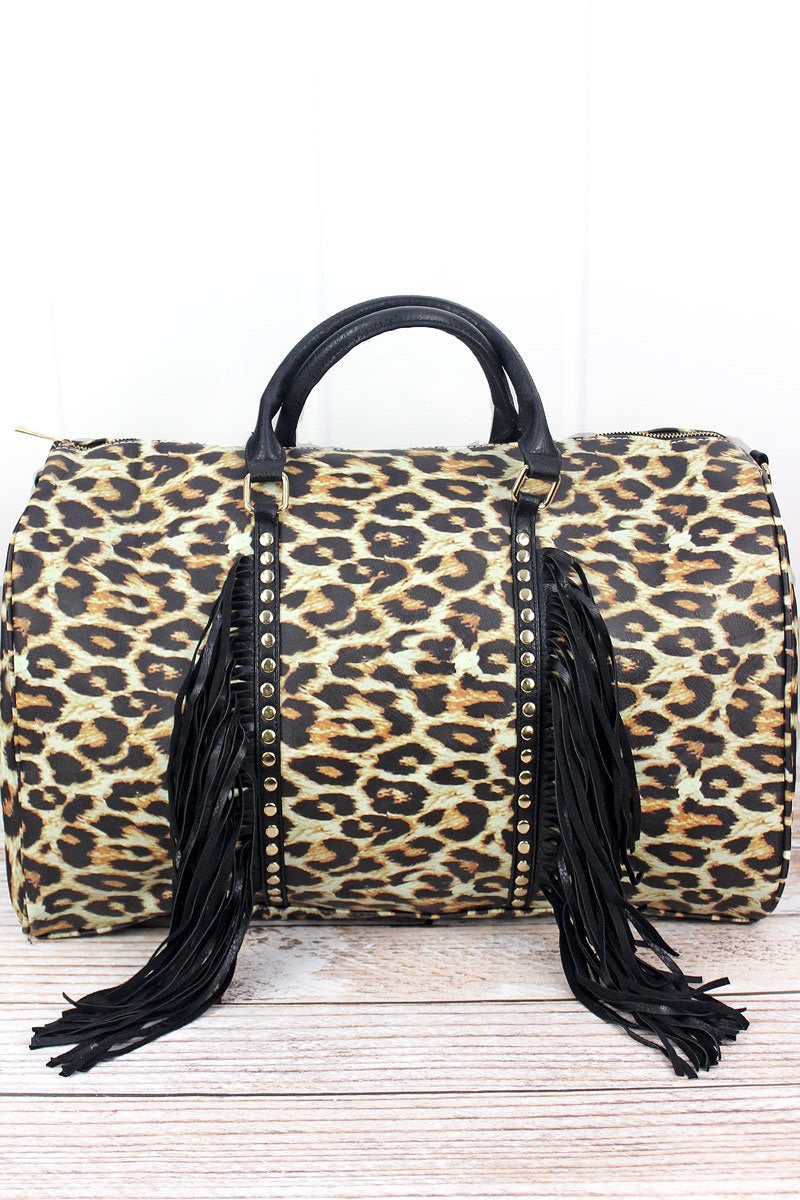 NGIL Leopard Faux Leathers Fringe Weekend Duffle Bag