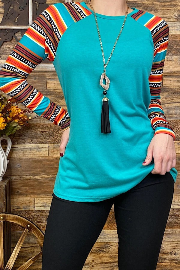 Torquoise Long Sleeve Top with Aztec print on sleeves