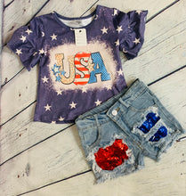 Load image into Gallery viewer, Kids USA Shirt With Distressed Sequin Shorts
