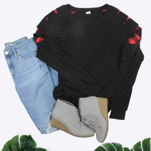 Black Long Sleeve With Buffalo Plaid Cuts