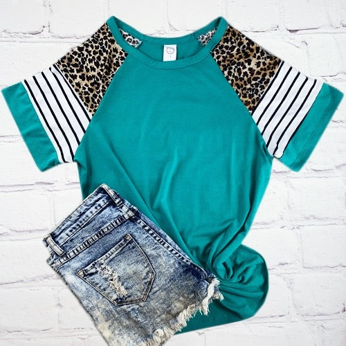 Teal short sleeve top with Leopard and Stripes