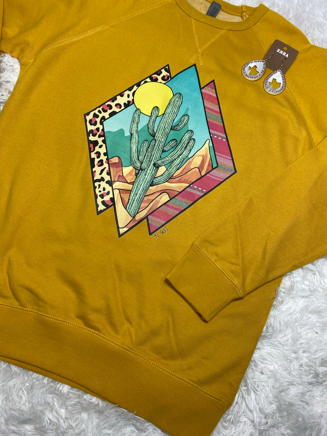 Mustard Color Sweatshirt with Cactus