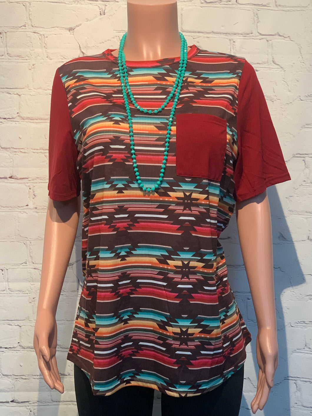 Aztec printed short sleeve top w/ front pocket