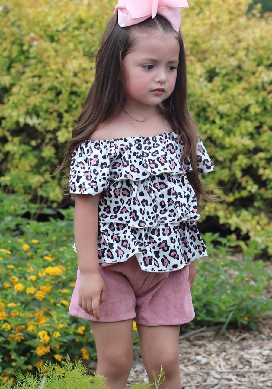 Kids Printed Top with Corduroy Pink Shorts