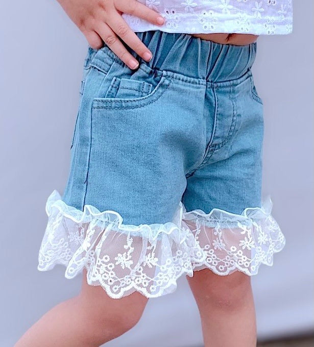 Kids Light Blue Denim Shorts with Lace Trim