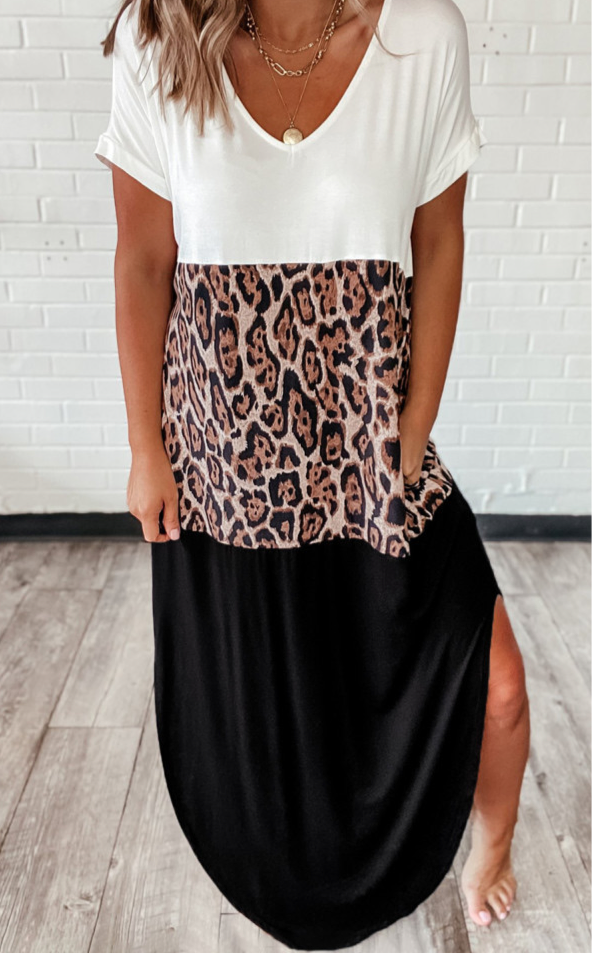 Colorblock Leopard Casual Maxi Dress