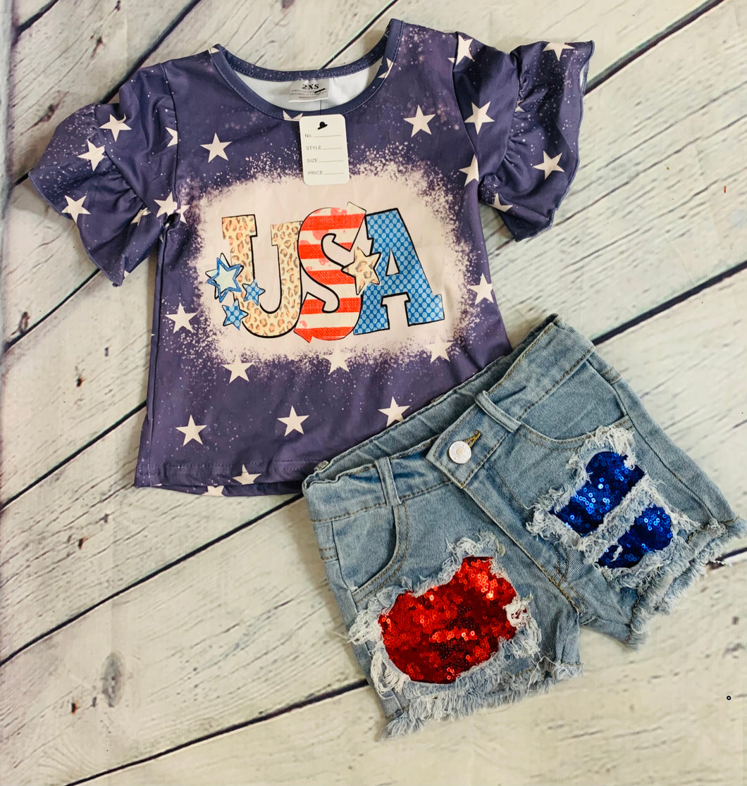 Kids USA Shirt With Distressed Sequin Shorts