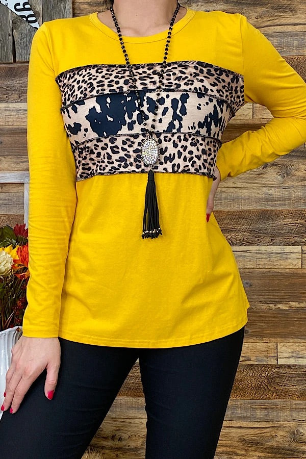 Mustard color With Leopard Print Long Sleeve