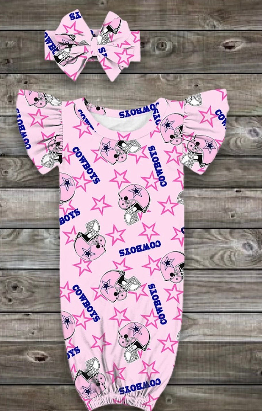 Baby Gown - Pink Dallas Cowboys with Matching Hair Bow