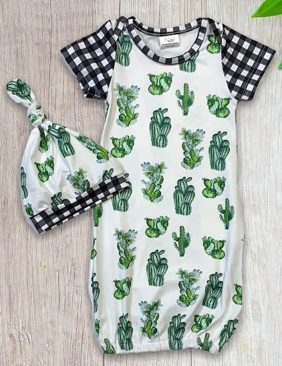 Baby Gown - Cactus & Checkered Sleeve with Matching Beanie