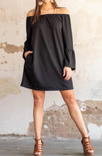 Load image into Gallery viewer, Black Off The Shoulder Dress With Ruffle Sleeve
