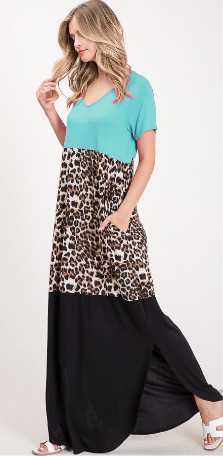 Teal & Leopard Print Long Maxi Dress With Pockets