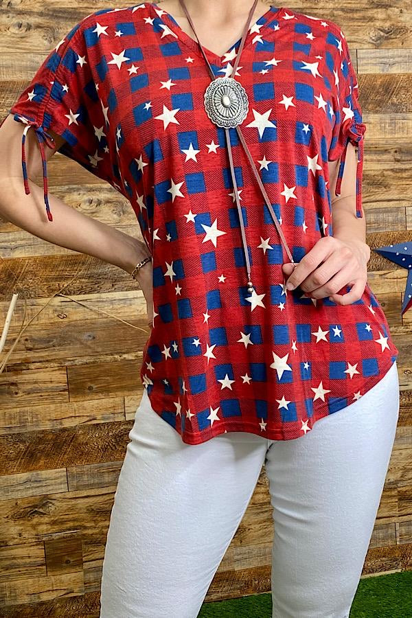 Red & Blue Checkered Star Printed Top