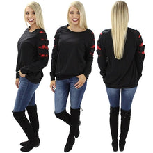 Load image into Gallery viewer, Black Long Sleeve With Buffalo Plaid Cuts
