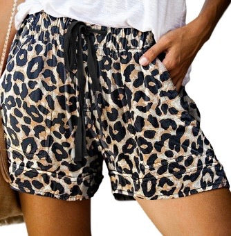 Leopard Print Drawstring Casual Shorts With Pockets