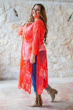 Load image into Gallery viewer, Neon Coral Lace 3/4 Sleeve Duster with Slits
