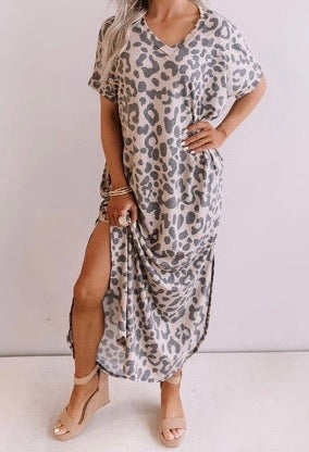 Casual Leopard Maxi Dress with Slits