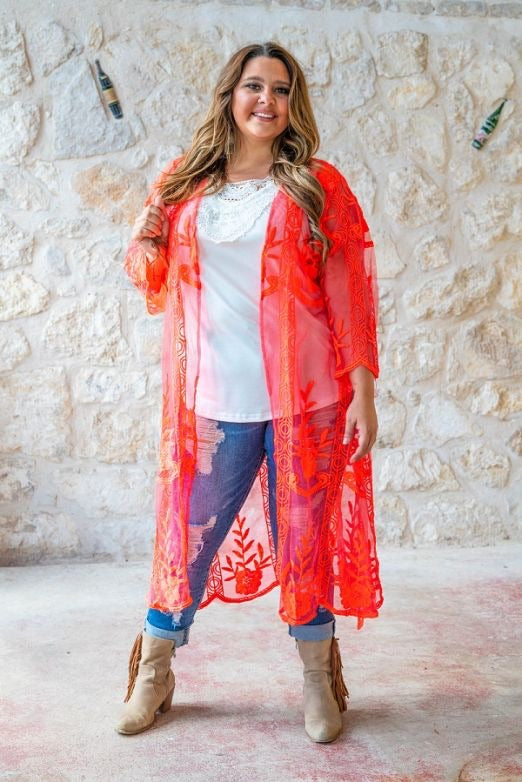 Neon Coral Lace 3/4 Sleeve Duster with Slits