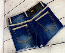 Load image into Gallery viewer, L&amp;B Mid Wash Denim Shorts w/ Silver Sequins
